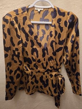 Moon River Leopard Print Wrap Blouse Satin Animal Print Top S